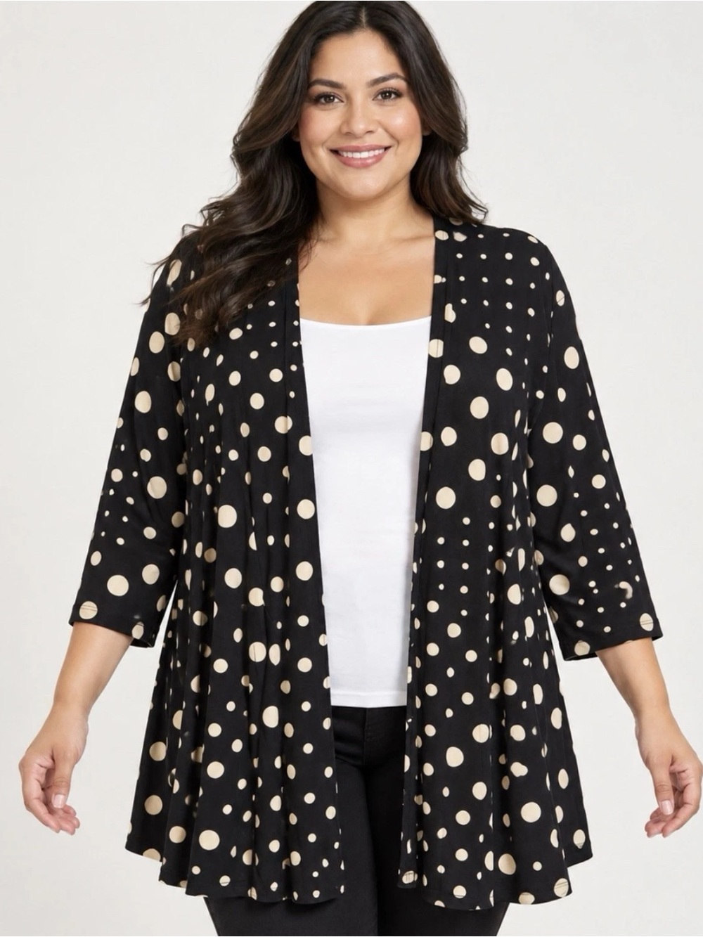 Attitudes by Renee Como Jersey Black Beige Polka Dot Open Cardigan XL A723826